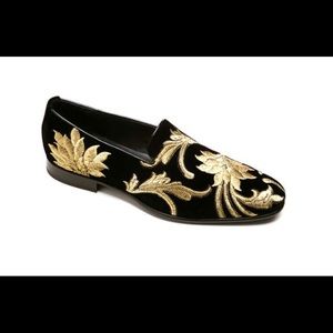 Alberto Moretti Black Gold Velvet Flat Loafers
